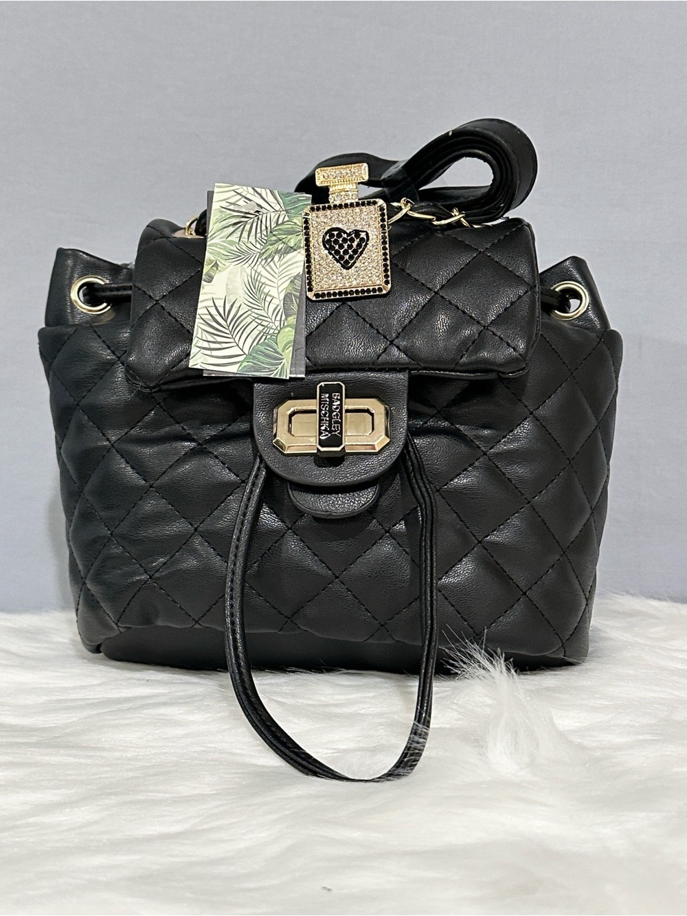 Badgley Mischka Quilted Black Backpack with Gold Hardware & Removable Charm NWT